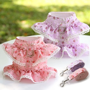 Detailed view of floral lace pet harness and leash set with breathable mesh and metal buckles