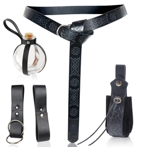 Detail of black leather fantasy belt with Celtic knots, potion bottle, and metal rings