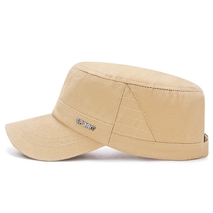 Khaki cotton cadet cap with metal sport badge and reinforced triple stitching detail