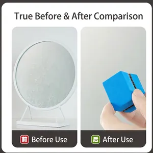 Japanese blue fish scale sponge cleaner showing mirror limescale removal before and after