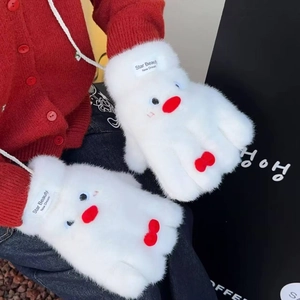 Cute penguin plush mittens with red beak and bow in cream white with neck lanyard