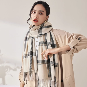 Écharpe classique à carreaux beige avec franges portée sur un trench par un mannequin
