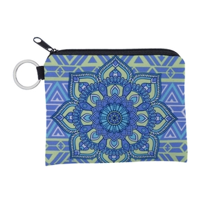 Close-up of mandala pattern fabric coin purse with sturdy black zipper and key ring