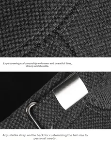 Detail of wool fabric texture, precise stitching and metal adjustable buckle on winter cap