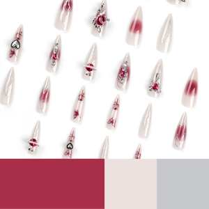 Faux ongles stiletto rétro avec gemmes cœur rouges et motifs papillon argentés en 3D