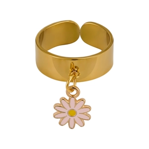 Minimalist gold daisy pendant ring with pink petals on a clean white background