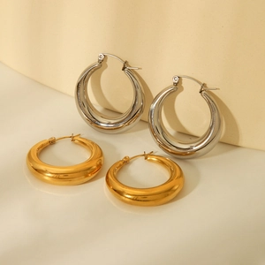 Minimalist thick hollow hoop earrings in polished gold and silver stainless steel
