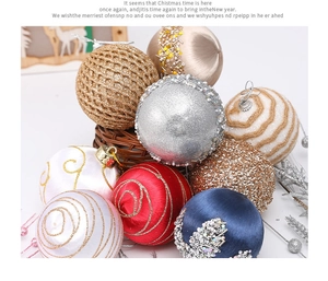 Close-up of 8cm colorful silk and sequined Christmas balls in a decorative basket
