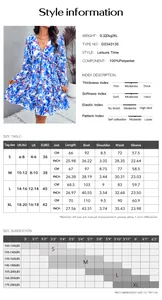 Detailed sizing chart and fabric specifications for this V-neck printed long sleeve dress