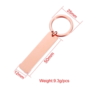 Rose gold stainless steel rectangular keychain pendant with 50x12mm dimensions and 25mm ring