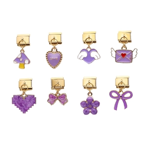 Set of 8 purple enamel alloy charms with gold clips for DIY modular bracelets