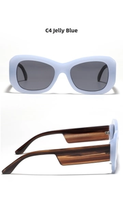 Detail of jelly blue oversized square sunglasses with thick wood-pattern temples C4