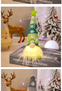 Gnome detail with glowing warm lights on white beard and green snowflake knit hat