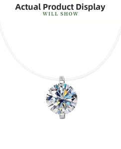 Detail of brilliant cut moissanite pendant on a transparent fishing line necklace