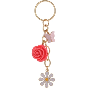 Golden keychain with pink butterfly, red rose, and white daisy floral charms on white background