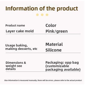 Infographic showing specifications for silicone cake molds in pink and green colors