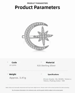 Detailed S925 sterling silver moon and star ring specs with 5A grade zircon stone