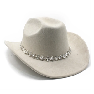 Detailed view of beige suede cowboy hat with sparkling crystal rhinestone band decoration