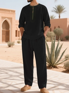 Men's black linen casual shirt set with drawstring trousers in outdoor desert scene