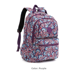 Detail view of large-capacity Oxford floral backpack with multiple zip pockets in purple