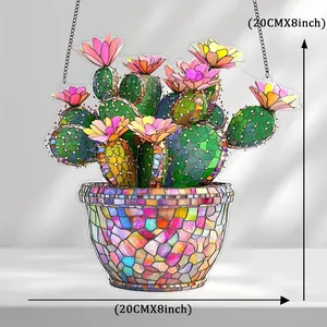 Detailed view of cactus acrylic suncatcher with colorful stained glass pattern and chains