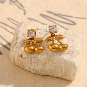 18K gold plated stainless steel cherry stud earrings with sparkling cubic zirconia stone