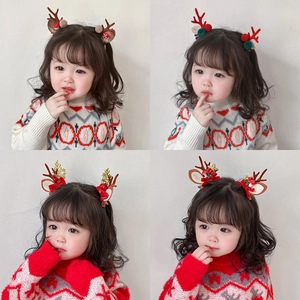 Set of Christmas reindeer antler hair clips with colorful sequins and plush balls for kids