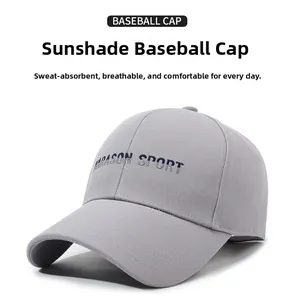 Detail of MARASON SPORT embroidery on high-quality gray baseball cap with vent holes