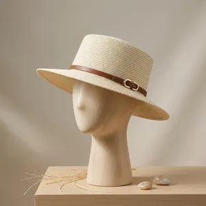 Flat top straw hat with brown leather strap and dimensions of 56-58cm head circumference