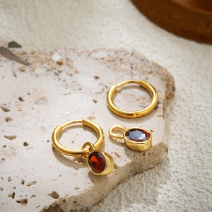 18K gold plated stainless steel hoops with detachable red oval gemstone pendants