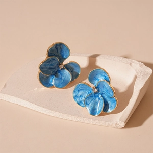Flower Stud Earrings Alloy Blue Enamel Rhinestone Retro Elegant With 925 Sterling Silver Earring Post For Women Jewelry