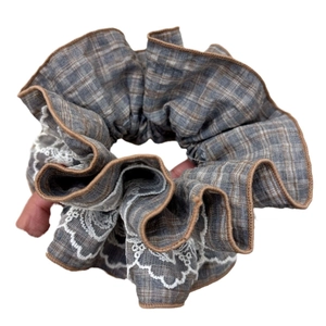 Vintage oversized grey plaid scrunchie with white lace trim for elegant hair styling