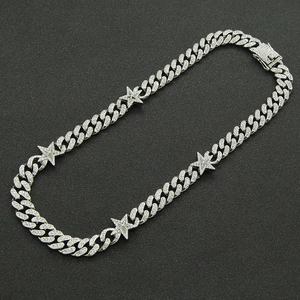 Men's hip hop silver Cuban chain necklace with sparkling iced out star links