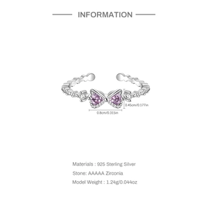Detail of adjustable S925 sterling silver ring with purple heart-shaped zircons and engraving