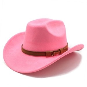 Chapeau de cowboy en daim rose avec bande en cuir marron et boucle en métal