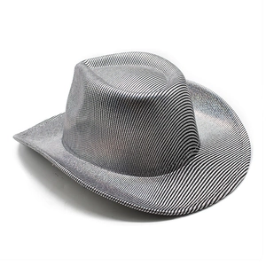 Detail of western cowboy hat with black and white stripes and metallic laser finish