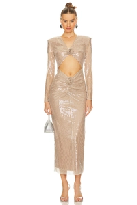 Detail of champagne sequined dress featuring cutout waist and 3D floral decoration