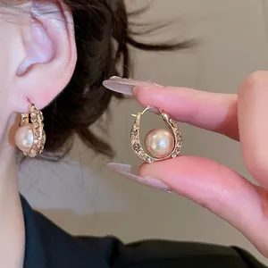 French U-Shaped Hoop Earrings With Imitation Artificial Pearl And Rhinestone 925 Sterling Silver Earring Post Vintage Luxury Jewelry