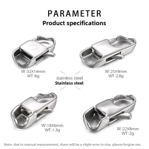 Detailed chart showing four sizes of stainless steel lobster clasps for jewelry making