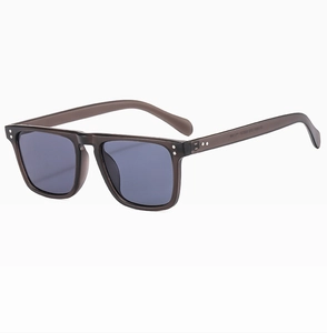 Detail view of square taupe transparent frames with blue lenses showing temple structure