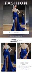 Close-up of sparkling sequin bodice and blue satin skirt with golden embroidery