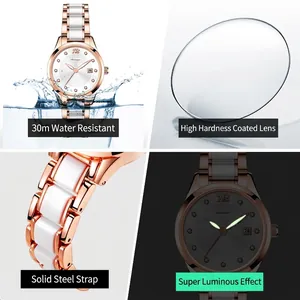 Montre femme en céramique et or rose, étanche à 30 m avec aiguilles lumineuses