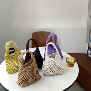 Collection of minimalist cotton rope woven tote bags in yellow, brown, beige, purple, and white