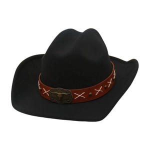 Black wool felt western cowboy hat with brown leather band and bull skull metal buckle