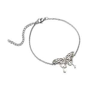 Minimalist silver stainless steel bracelet featuring an intricate hollow butterfly pendant