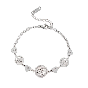 Bracelet en acier inoxydable argenté avec arbre de vie et cœurs en zircone