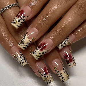 French Leopard Print Fake Nails With Red Flower Gold Micro Beads Long Coffin Shape ABS Plastic Press On Nails Fashion