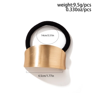 Detailed view of black elastic hair tie with gold alloy arc showing weight and dimensions