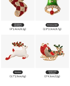 Detail view of four Christmas brooches featuring snowman, deer, bell and stocking designs