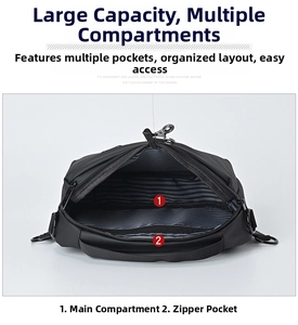 Internal view showing multi-compartment design and striped lining of the black crossbody bag